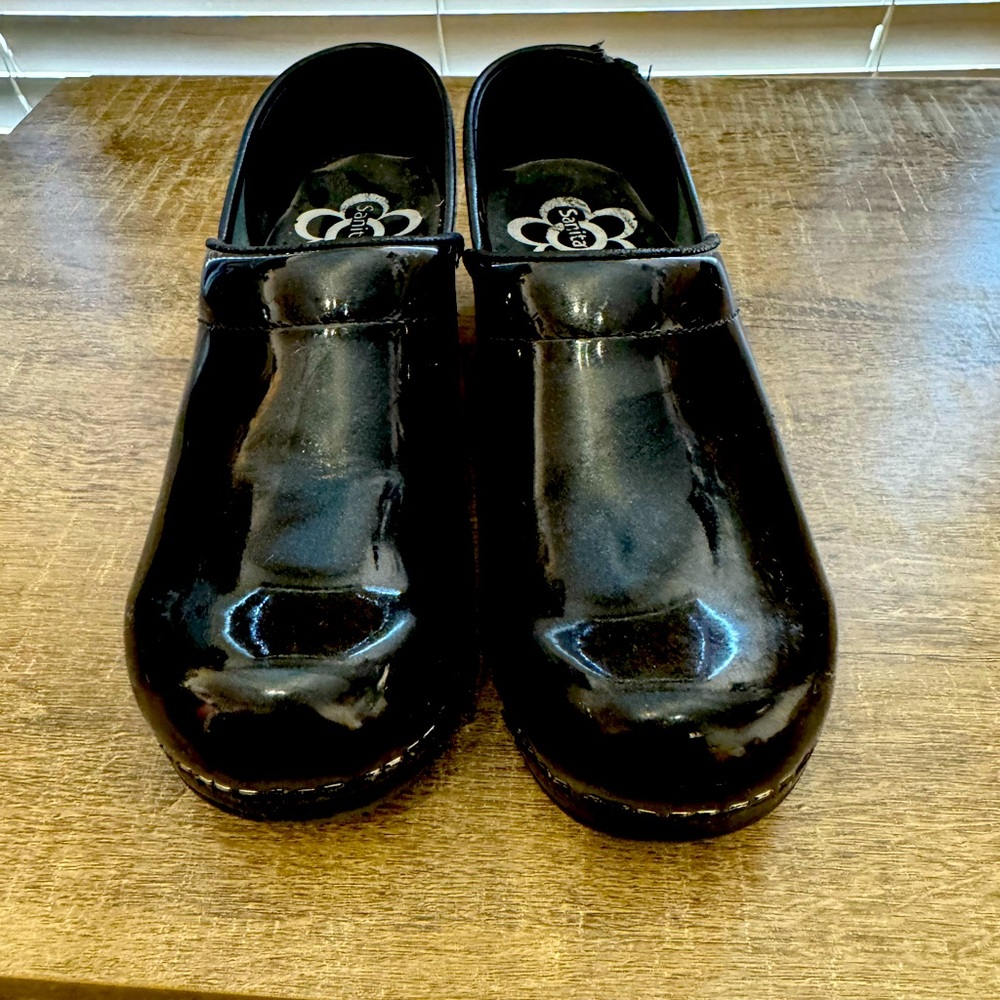 Sanita Black Patent Leather Clogs